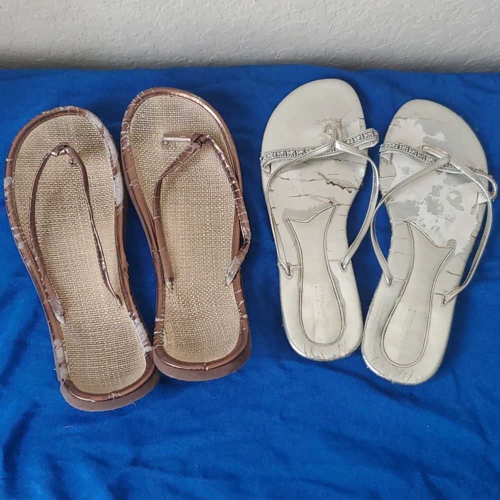 2 Pairs Used Thong Sandals Brown & White Embellished Well worn flip flops s 9